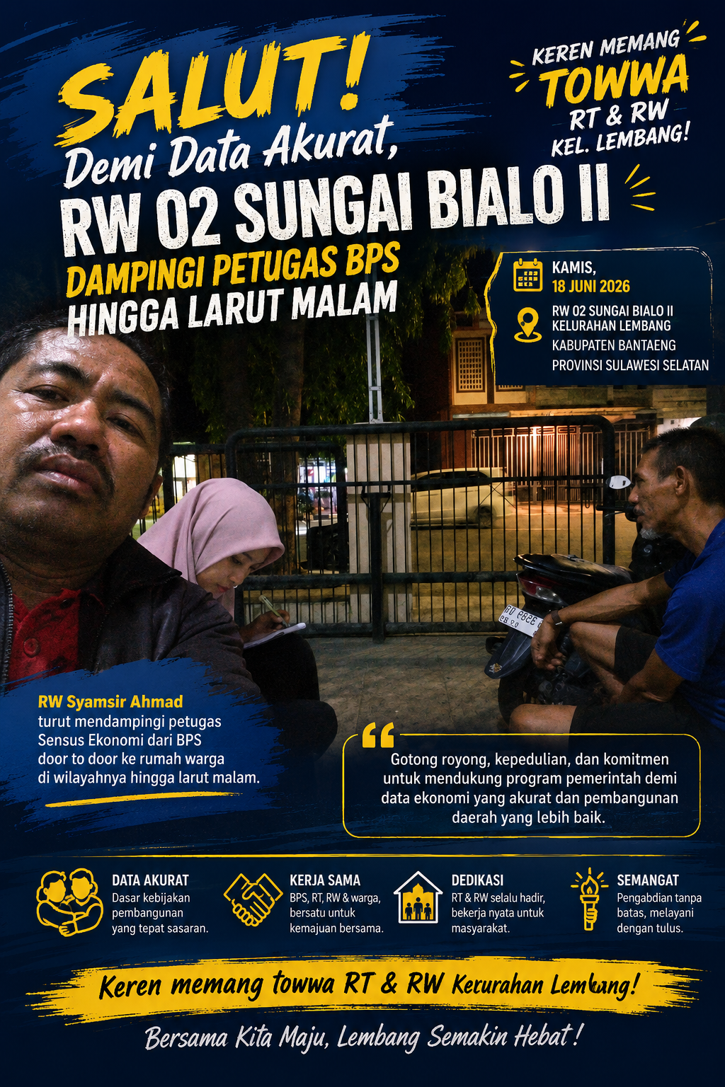Salut! Demi Data Akurat, RW 02 Sungai Bialo II Dampingi Petugas BPS Hingga Larut Malam